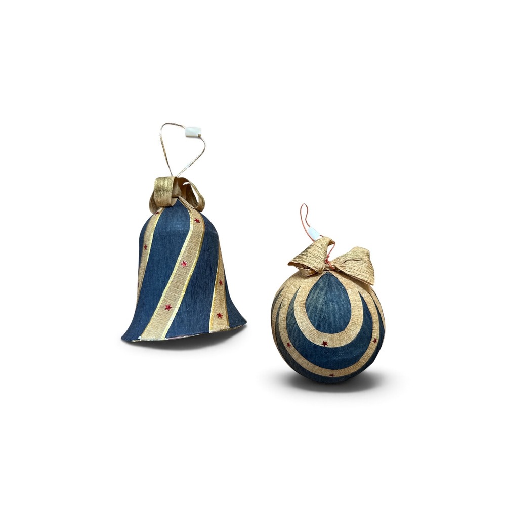 Vintage Blue Gold Crepe Paper Christmas Ornaments Bell Bauble Set of 2
